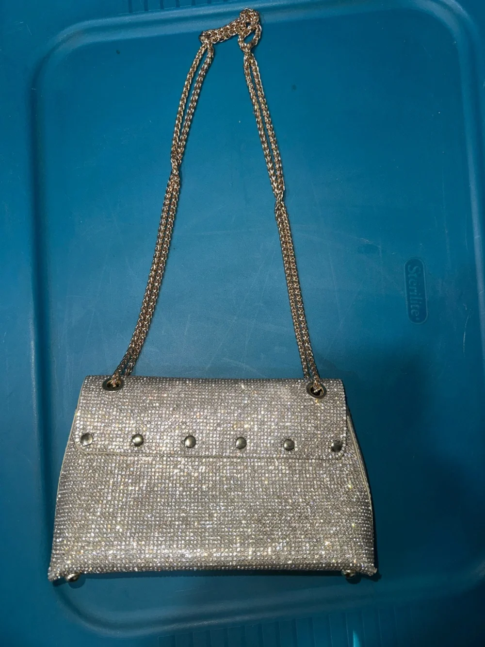 Gold Crystal-Embellished Chain Shoulder Bag
